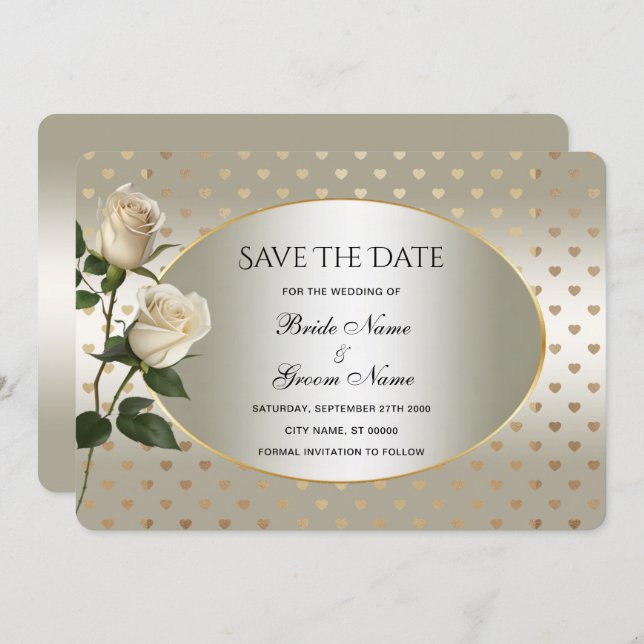 Vit ros Guld Hjärtar Spara datumkortet Spara Datumet (Fram/baksida)
