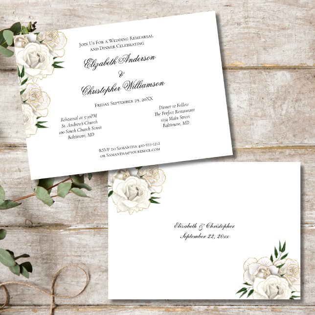 Vit Ros Guld Kant Elegant Bröllopsrepetition Inbjudningar (White Roses Floral Flowers Gold Trim, Wedding Rehearsal Dinner Invitation)