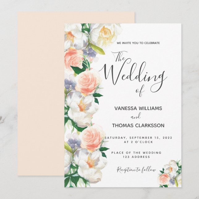  vit ros guld-manuset bröllop inbjudningar (Fram/baksida)