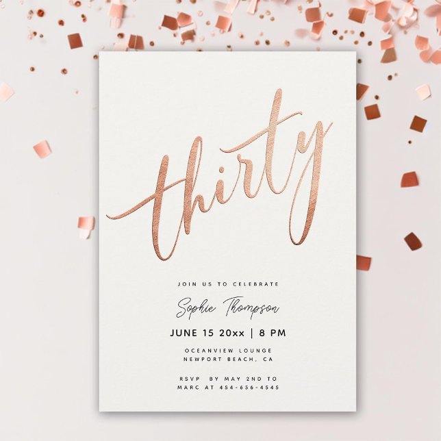 Vit ros Guld, minimalistisk Elegant 30års födelsed Inbjudningar (white rose gold 30th birthday invitation for women elegant classy modern chic simple calligraphy)