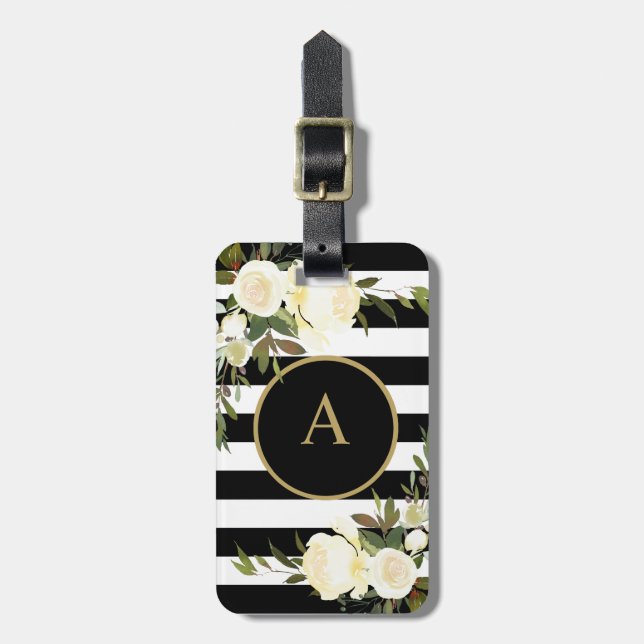 VIT ROS Guld Monogram Svartvit stripe Bagagebricka (Vertikal Framsida)