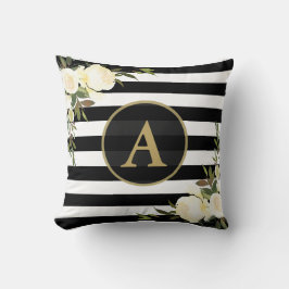 VIT ROS Guld Monogram Svartvit stripe Kudde