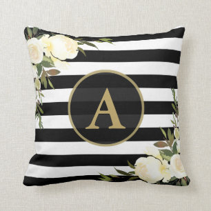 VIT ROS Guld Monogram Svartvit stripe Kudde