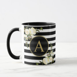 VIT ROS Guld Monogram Svartvit stripe Mugg