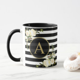 VIT ROS Guld Monogram Svartvit stripe Mugg