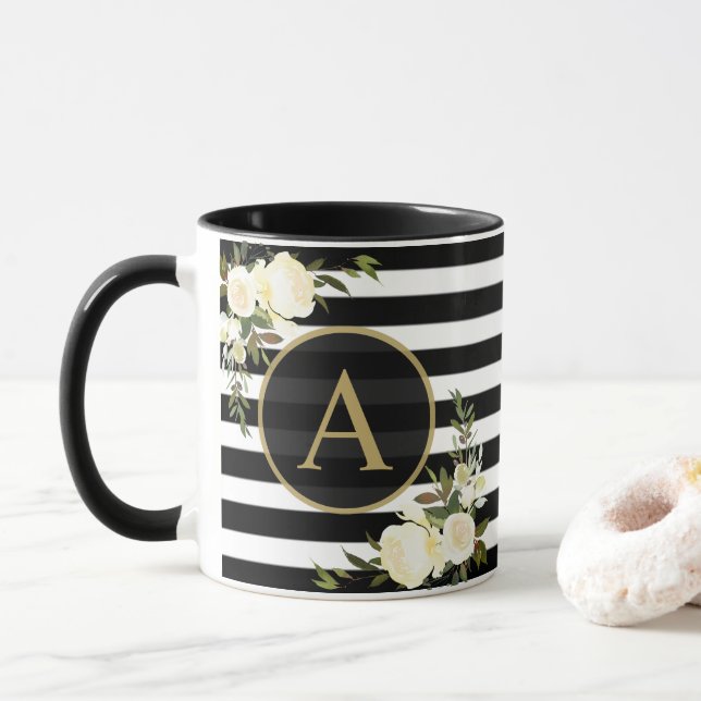 VIT ROS Guld Monogram Svartvit stripe Mugg (Med munk)