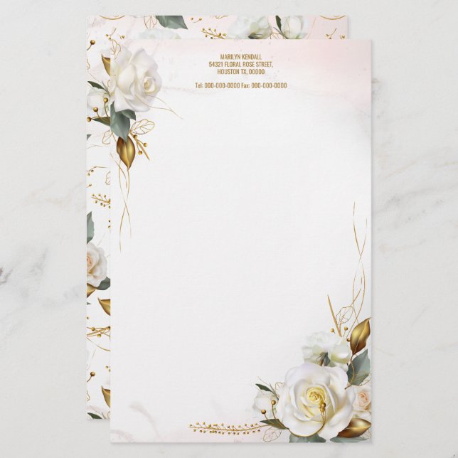 Vit ros Guld Romantic Blommigt Stationery Brevpapper (Fram/baksida)