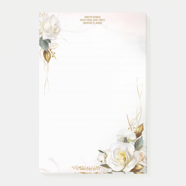 Vit ros Guld Romantic Blommigt Stationery Post-it Block (Framsida)