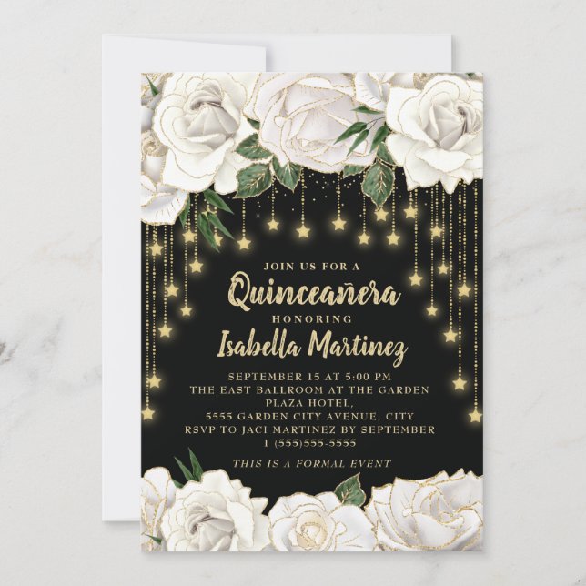 Vit ros Guld String Light Star Quinceañera Inbjudningar (Framsida)