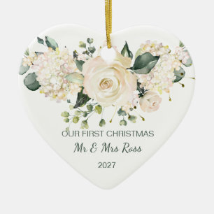 Vit ros, hydrangea 1:a julfoto julgransprydnad keramik