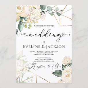 Vit ros hydrangeas greenery guld bröllop inbjudningar