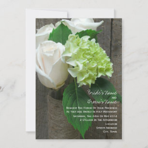 Vit ros & Hydrangeas Rustic Barn Wood Bröllop Inbjudningar
