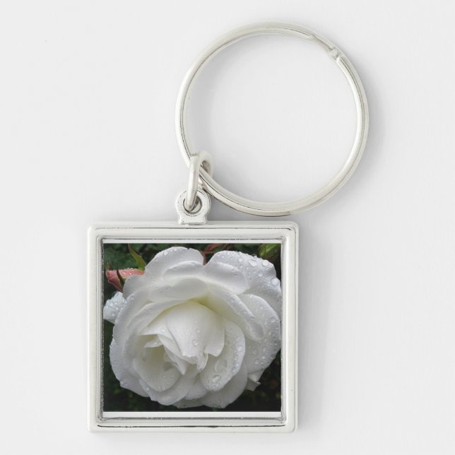 Vit ros Keychain Fyrkantig Silverfärgad Nyckelring (Framsidan)