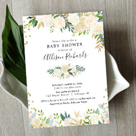 Vit ros kräm guld elegant blommigt babydusch för  inbjudningar