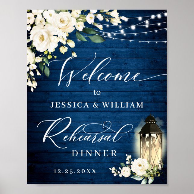 Vit ros Lantern Blue Wood Rehearsal Middag Poster (Framsidan)