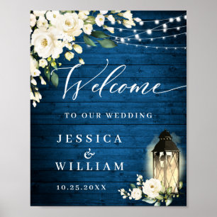 Vit ros Lantern Blue Wood Välkommen Bröllop Poster