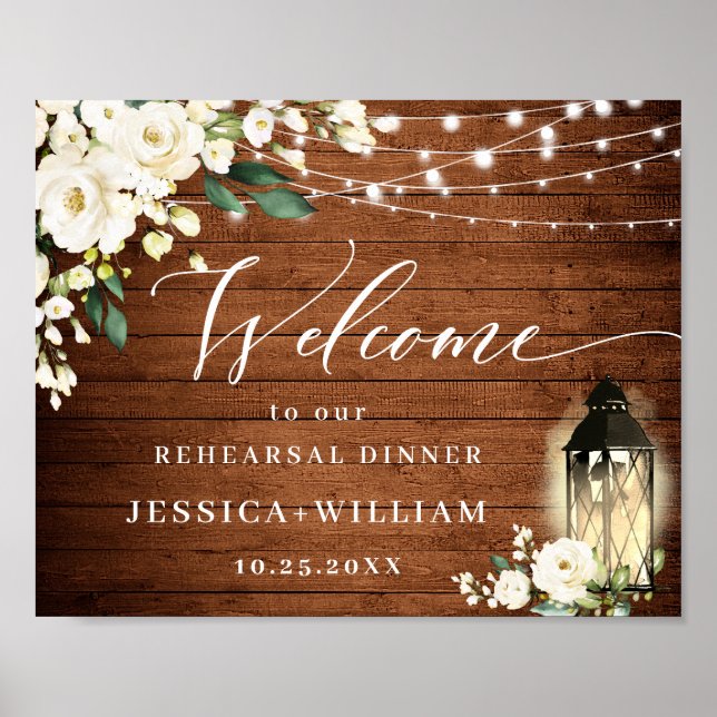 Vit ros Lantern Rustic Wood Rehearsal Dinner Poster (Framsidan)