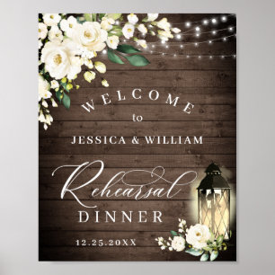 Vit ros Lantern Rustic Wood Rehearsal Dinner Poster