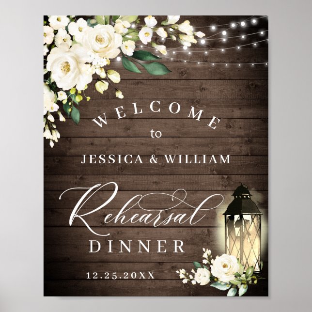 Vit ros Lantern Rustic Wood Rehearsal Dinner Poster (Framsidan)