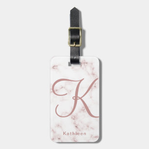 Vit ros Marble Ro Guld Monogrammed ursprunglig Bagagebricka