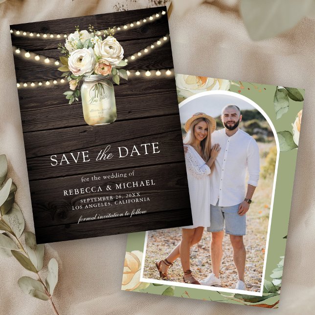 Vit ros Mason Burk Photo Wood Bröllop Spara Datumet (Skapare uppladdad)