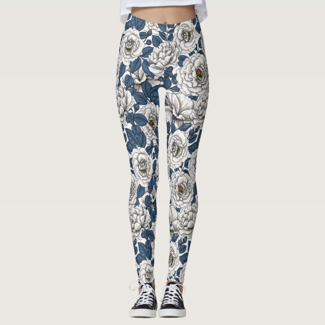 Vit ros med blå löv på vitt leggings (Framsida)