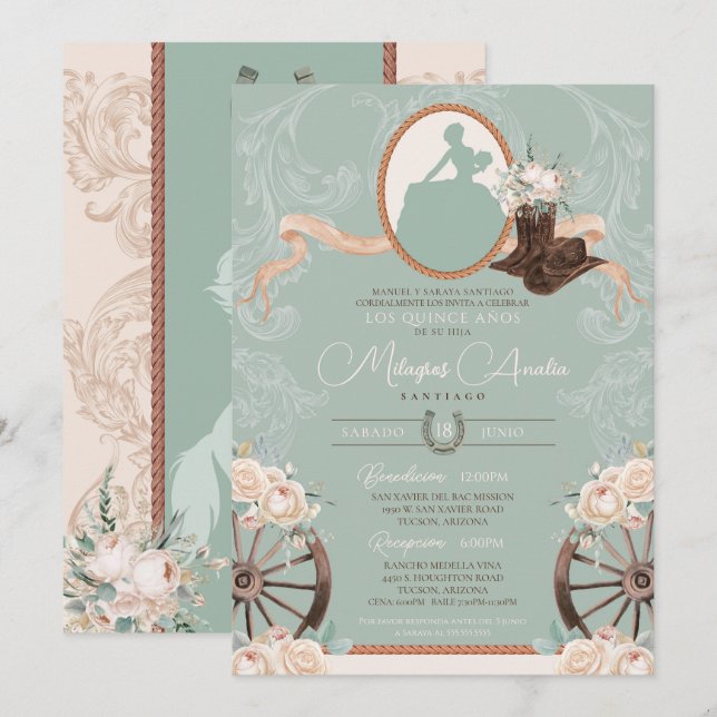Vit ros Mint Elegant Charro Western Quinceanera Inbjudningar (Fram/baksida)