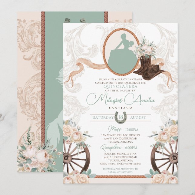 Vit ros Mint Grönt Charro Western Quinceanera Inbjudningar (Fram/baksida)