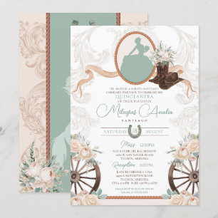 Vit ros Mint Grönt Charro Western Quinceanera Inbjudningar