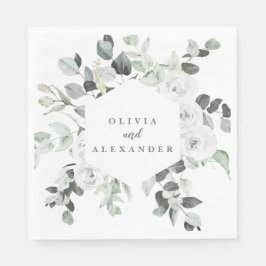 Vit ros och blommigt bröllop pappersservett