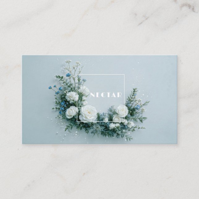 Vit Ros och Damblå Blommig Ren Ram Visitkort (Framsida)
