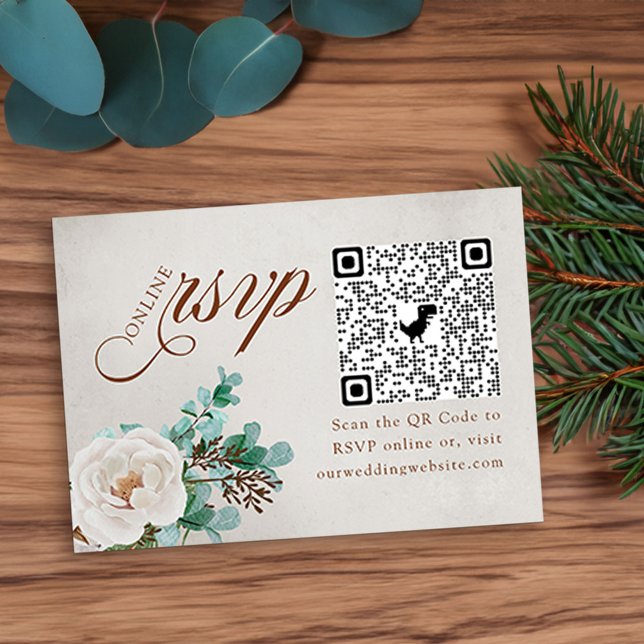 Vit ros och Eucalyptus Online OSA QR-kod Tilläggskort (Winter Wedding Online RSVP Card with QR code, elegant calligraphy, white rose and eucaluptus)