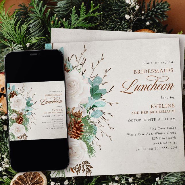 Vit ros och Gräs Cone Bridesmaids Luncheon Inbjudningar (Bridesmaids Luncheon invitation from my Winter White Roses collection)