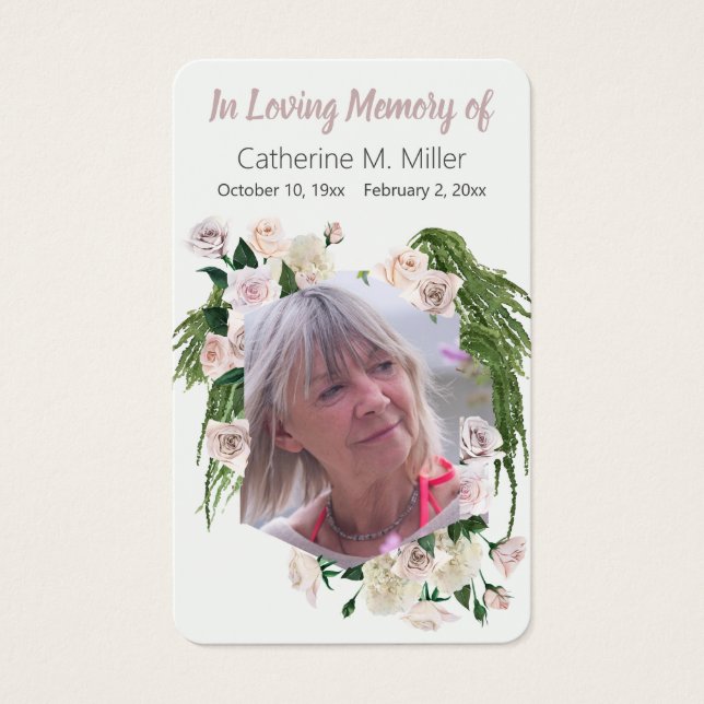 Vit ros och Greenery Funeral Memorial Visitkort (Framsida)