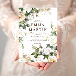 Vit ros och Guld Dust Elegant Flower Bröllop Inbjudningar