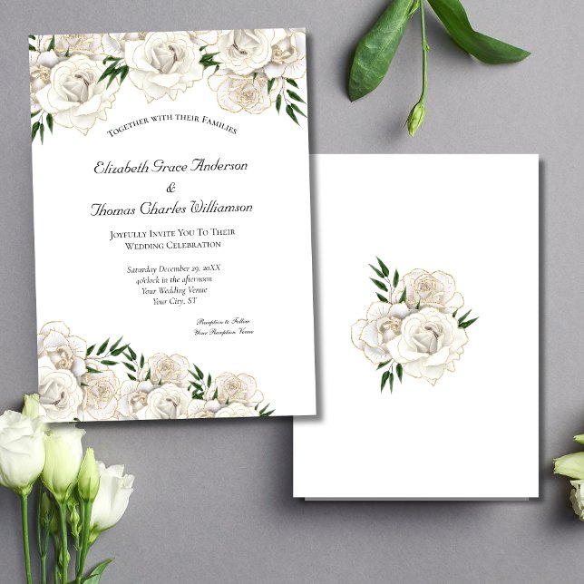 Vit ros och Guld Formell Elegant Classic Bröllop Inbjudningar (White Roses Gold Trim Elegant Wedding Invitation. Printed or Instant Digital Download)