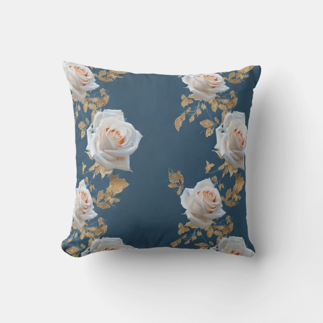 Vit ros och guld löv i blå botten kudde (Framsida)