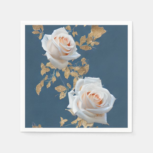 Vit ros och guld löv i blå botten pappersservett (Framsidan)