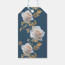 Vit ros och guld löv i blå botten presentetikett