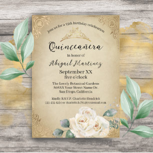 Vit ros och Guld Vintage Quinceanera Inbjudningar