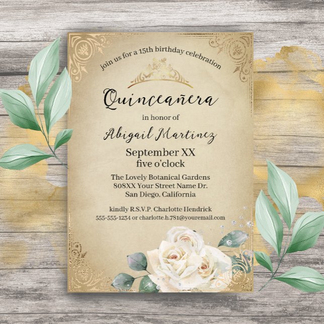 Vit ros och Guld Vintage Quinceanera Inbjudningar (Skapare uppladdad)