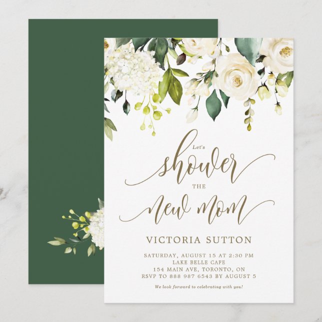 Vit ros och Hydrangeas Baby Shower Inbjudningar (Fram/baksida)