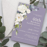 Vit ros och Hydrangeas Elegant 40 födelsedagar Inbjudningar<br><div class="desc">Med ett populärt färg-schema med neutralt vita blommigtar på lavendelns lila-bakgrund, har denna feminin 40-årsfestinbjudan en hörnbukett av vita blommigtar med vattenfärg med efterföljande eucalyptus grey. Blommorna omfattar ro, vattenområden och matchande blandade blommigtar för en underbar effekt. De textpar som används i den här designen innehåller en kombination av populärt...</div>