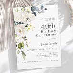 Vit ros och Hydrangeas Elegant 40 födelsedagar Inbjudningar<br><div class="desc">Med ett populärt neutralt färg-program har den här feminina 40-årsfestinbjudan en hörnbukett med vita blommigtar med efterföljande eukalyptus grey. Blommorna omfattar ro, vattenområden och matchande blandade blommigtar för en underbar effekt. De textpar som används i den här designen innehåller en kombination av populärt serif typsnitt. All text kan redigeras så...</div>