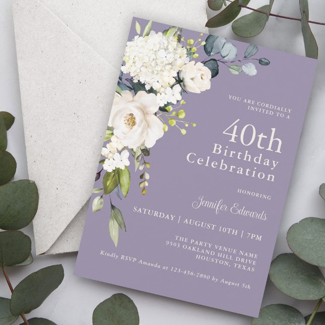 Vit ros och Hydrangeas Elegant 40 födelsedagar Inbjudningar (Skapare uppladdad)