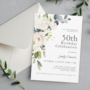 Vit ros och Hydrangeas Elegant 50:e födelsedagen Inbjudningar