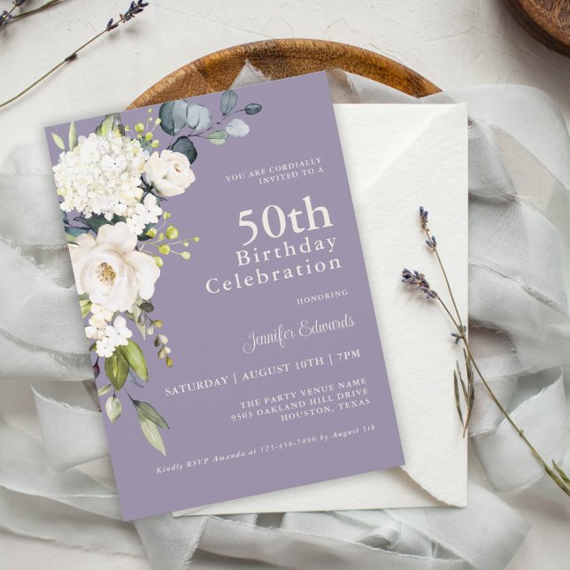 Vit ros och Hydrangeas Elegant 50:e födelsedagen Inbjudningar (Skapare uppladdad)