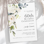 Vit ros och Hydrangeas Elegant 60:e födelsedagen Inbjudningar<br><div class="desc">Med ett populärt neutralt färg-program har denna feminin 60:e födelsedagsfest inbjudan en hörnbukett av vita vattenfärgade blommigtar med efterföljande eukalyptus grey. Blommorna omfattar ro, vattenområden och matchande blandade blommigtar för en underbar effekt. De textpar som används i den här designen innehåller en kombination av populärt serif typsnitt. All text kan...</div>