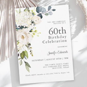 Vit ros och Hydrangeas Elegant 60:e födelsedagen Inbjudningar