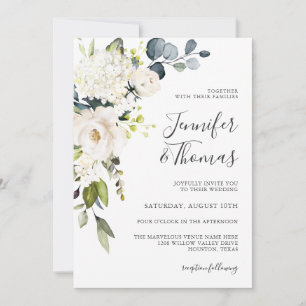 Vit ros och Hydrangeas Elegant Blommigt Bröllop Inbjudningar